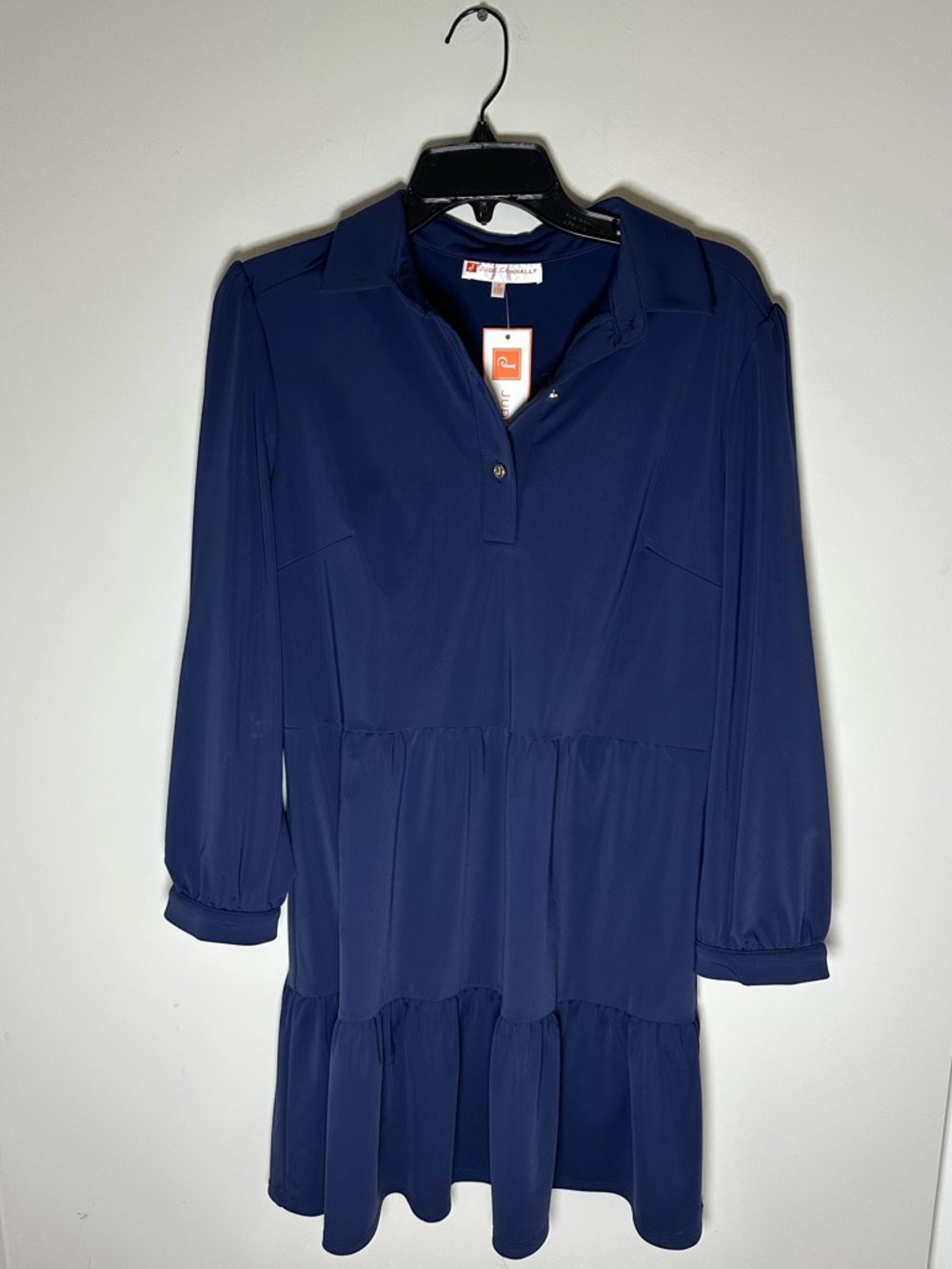 Jude Connally Navy Henley Long Sleeve Collared Dress with Gold Buttons NWT